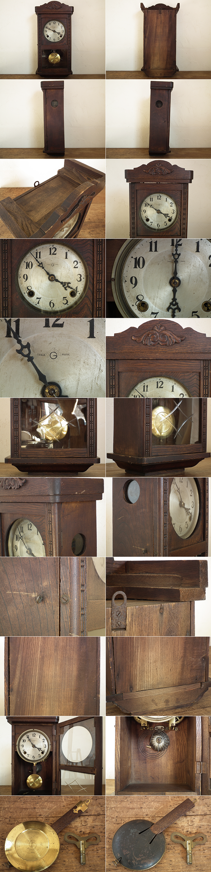 A00182 TRADEMARK アンティーク ネジ巻き式の古い木製振り子時計